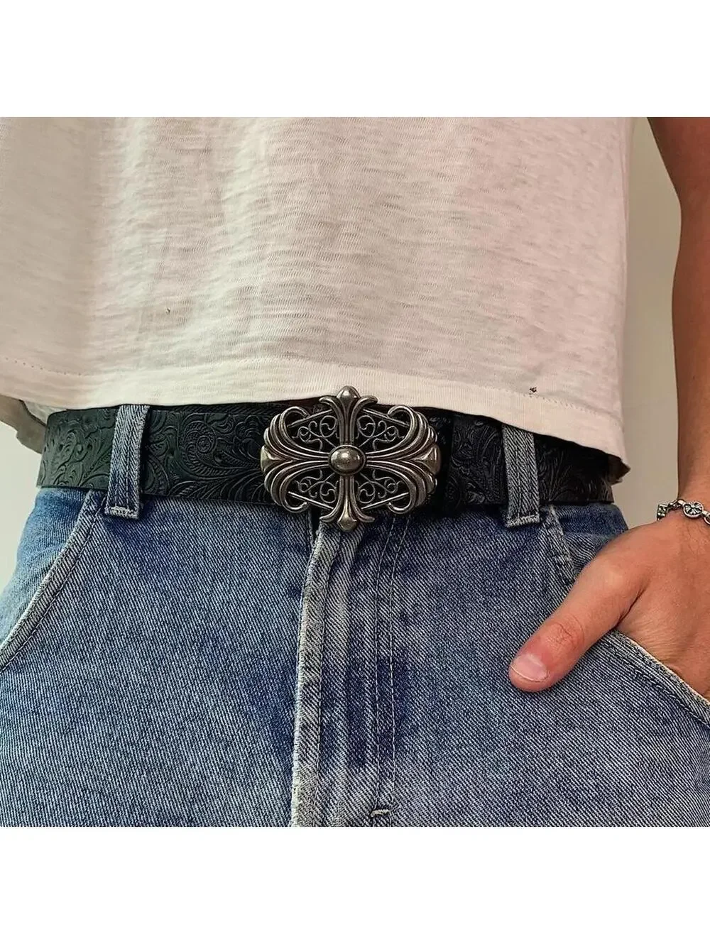 Y2K Black Blue Unique Cross Belt 38 Inch